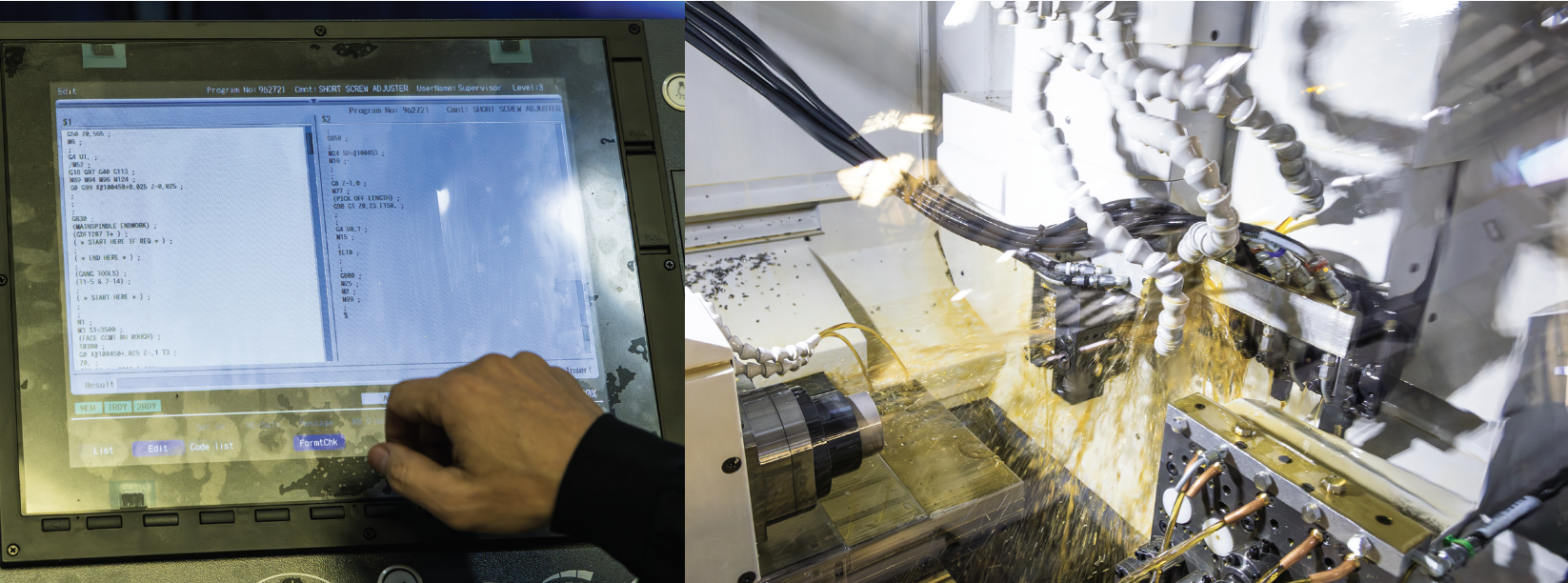 One of the challenges Darren has faced learning to program the Swiss turning centers is thinking about simultaneous machining. Timing is everything when it comes to a part finishing both spindles at the same time. Each spindle is running its own code as you can see in the inset.